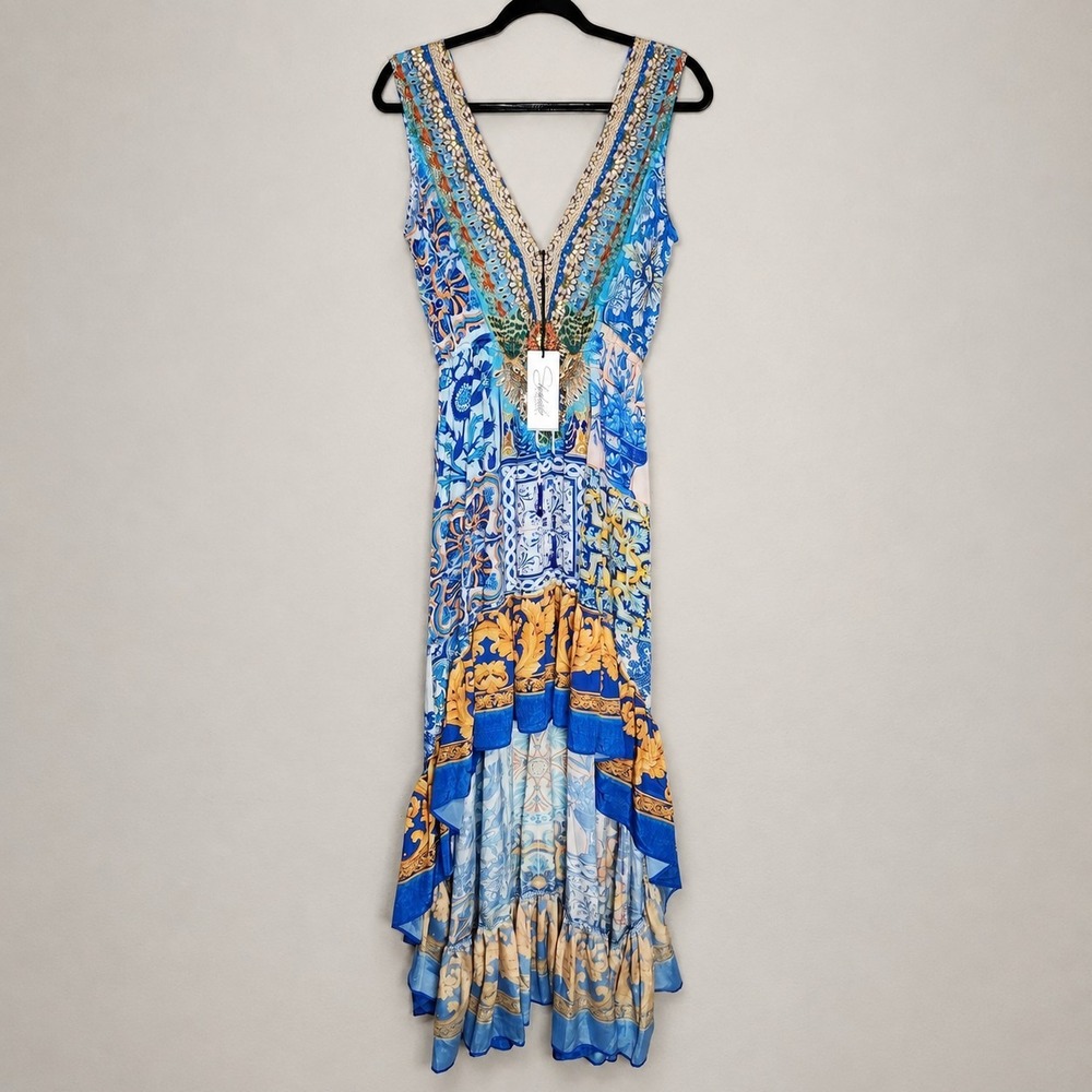 Shahida Parides Womens S/M Boho Maxi Dress Blue Gold Embellished Resortwear Luxe